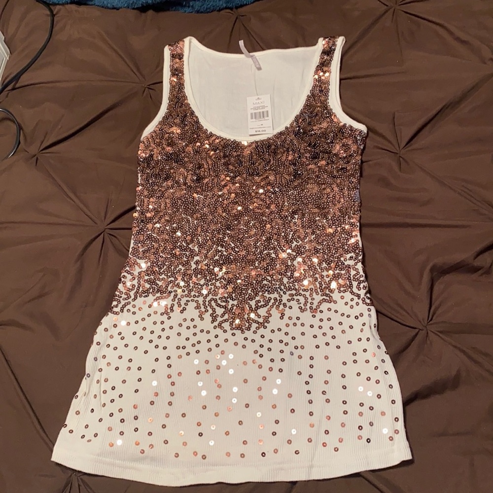 Cream tank top with chocolate sequins